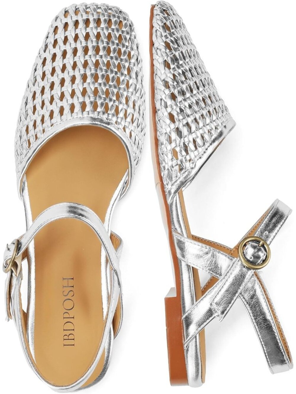 Women's Silver Closed Toe Square Toe Ankle Strap Buckle Closure Braided Sandals